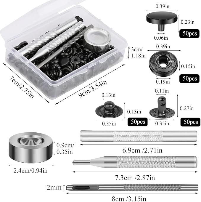 TLKKUE 50 Sets Leather Snap Fasteners Kit 10mm Black Metal Snap Buttons kit Stainless Steel with 4pcs Snap Fastener Installation Tools for Sewing Clothing, Bracelets, Jackets, Bags Belt, DIY Crafts