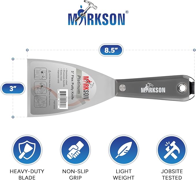 MARKSON Putty Knife 3", Scraper Tool Stainless Steel Blade, Paint Scraper with Nylon Handle Hammer End