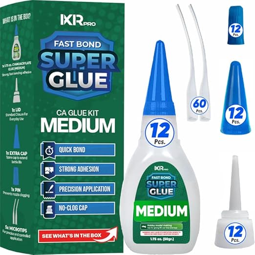 CA Glue Medium Viscosity Kit (12x1.75 oz.) Cyanoacrylate Glue, Super Glue for Everyday Repairs, Woodworking, Plastic, Ceramic, and DIY Crafts, Quick-Drying Multi-Purpose Adhesive with Easy Application