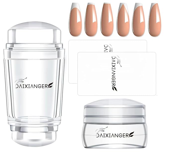 French Nail Stamper Kit, Double-End Clear Silicone Nail Stamper with Scraper, Long & Short Nail Stamps, 2 in 1 French Tip Nail Art Tool for Manicure DIY