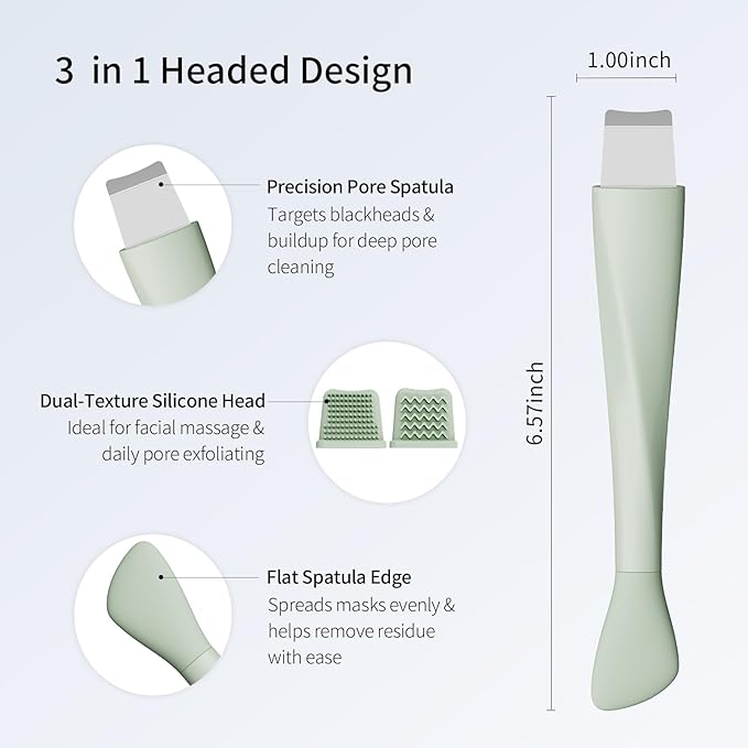 Blackhead Remover Tool, Stainless Steel Face Scraper, Skin Scrubber Face Spatula for Deep Cleansing, 3-in-1 Skin Care Tool with Blackhead Scraper, Mask Applicator & 2 Silicone Heads (Green)