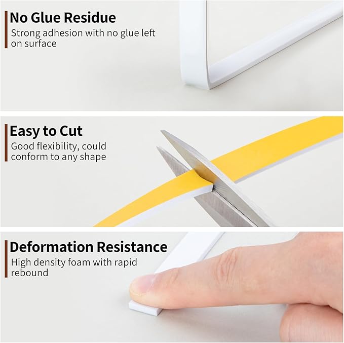 Yotache White Windows Doors Insulation Seal Tape 3 Rolls 1/2" x1/8", Adhesive Foam Gasket for Weather Stripping, Cabinet Door Frame, Total 50 Feet Long (3 X 16.5 Ft Each)