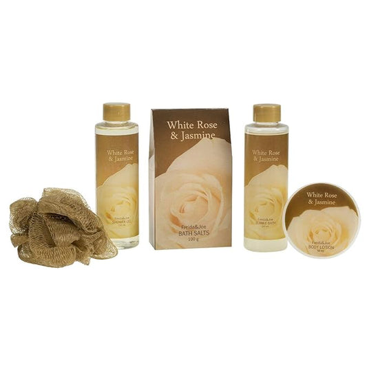 White Rose Jasmine Spa Set For Women in Elegant Gold Tub Includes Shower Gel, Bubble Bath, Body Lotion, Jasmine Bath Salt, Pouf, Award Winning Bath Body Set
