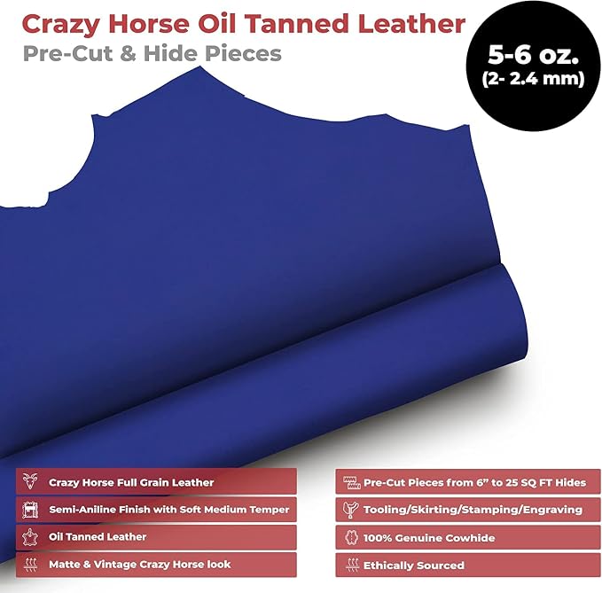 ELW Crazy Horse Leather 5-6 OZ (2-2.4mm) | Blue | Pre-Cut 12"x24" | Full Grain Cowhide Handmade Leather for DIY, Crafts, Sheaths, Sewing, Workshop