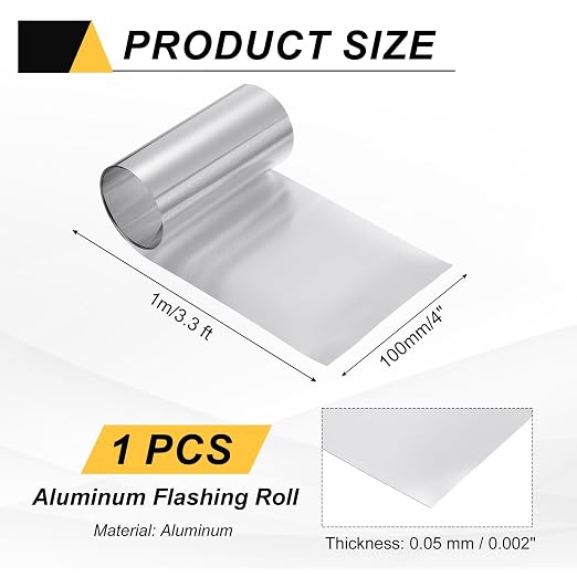 uxcell Aluminum Flashing Roll, 4in x 3.3ft Metal Roof Panels 0.05mm Waterproof Aluminum Sheet Roll for House Repair, Roof Flashing, Sealing Windows Doors, DIY Projects