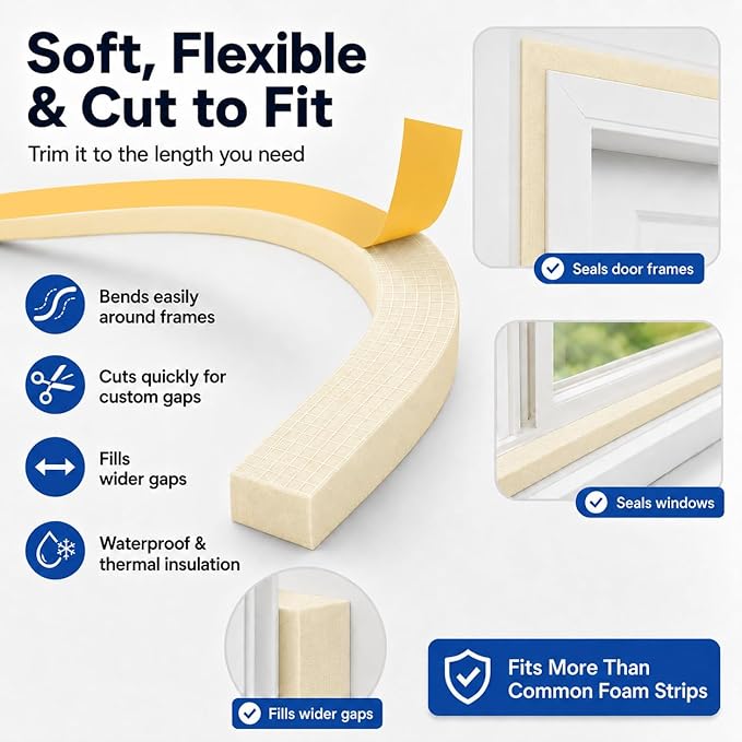 66FT EVA Foam Weather Stripping Door Seal, Self-Adhesive Weatherstrip Tape for Door Frame, Window Gaps, Soundproof Insulation