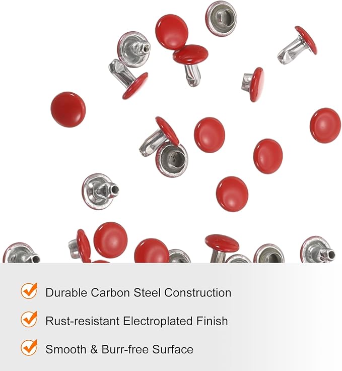 HARFINGTON 100 Sets Double Cap Leather Rivets, 6x6mm Round Cap Tubular Metal Studs Leather Crafting Rivets for Fabric Belt Pet Collar Boot Bag Repair and Decoration, Red