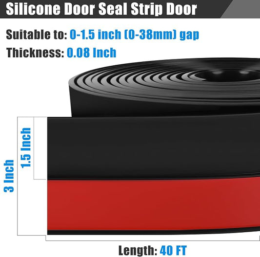 Draft Seal Tape for Doors and Windows 3 in x 410 Ft Silicone Weather Stripping Extra Thick 2mm Door Seal Strip with Strong Adhesive Draft Insulation Stopper Side Seal - Black