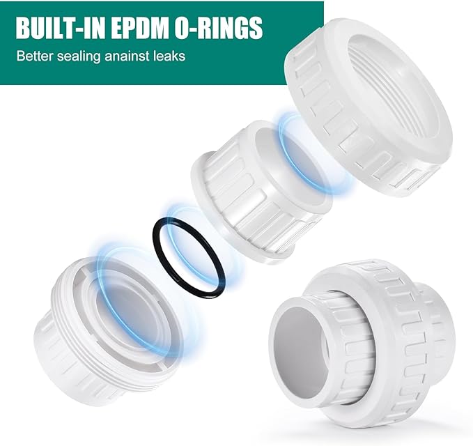 VYH 1" PVC Union Coupling Pipe Fitting,1" PVC Slip Union Schedule 40, PVC Adapter(Socket x Socket), built-in EPDM O-Ring, White (2 Pack)