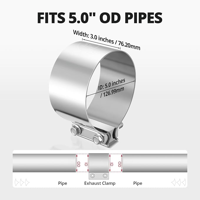 EVIL ENERGY 5.0 Inch Exhaust Clamp, Butt Joint Band Clamp Sleeve Coupler Stainless Steel for Pipes, Mufflers, Catalytic Converters, 1PCS