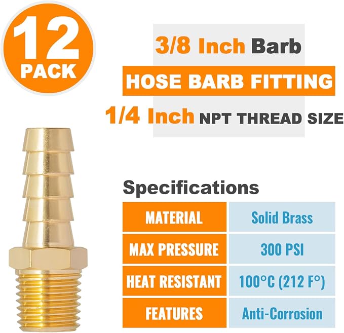SUNGATOR 12-Pack 1/4" NPT to 3/8" Hose Barb Fittings, Brass Air Hose Fittings, 3/8" Barb to 1/4" NPT Male Thread Adapter, Brass Air Line Repair Connector Kit for Compressor, Gas, Auto Shop