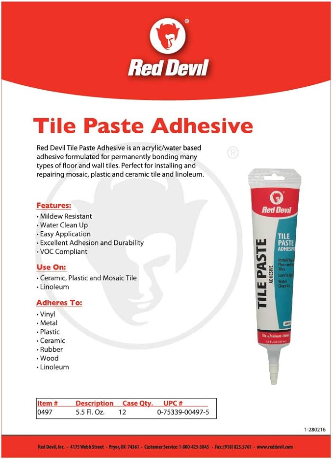 Red Devil 0497 Tile Paste Adhesive - Easy to Use, Permanent Bond for Mosaic, Plastic & Ceramic Tiles - 5.5 Fl. Oz., Tile Glue, White, Made in USA, Pack of 12