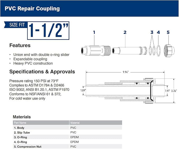 Midline Valve 567SD112 Heavy Duty PVC Repair Coupling; Expandable Pipe Fitting; 1-1/2 in.; White Plastic