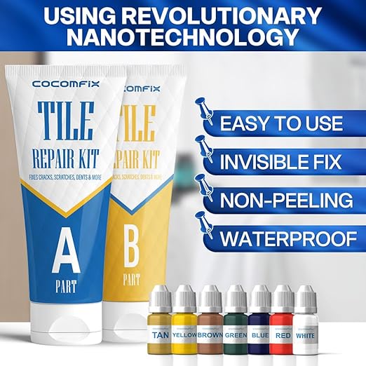 Tile Repair Kit, Ceramic Tile Chips & Cracks Repair Kit(Color Match), Porcelain Tile Repair Kit with Super Strong Adhesion, Fix Chips, Cracks and Holes on Ceramic Tile, Porcelain, Acrylic, Fiberglas