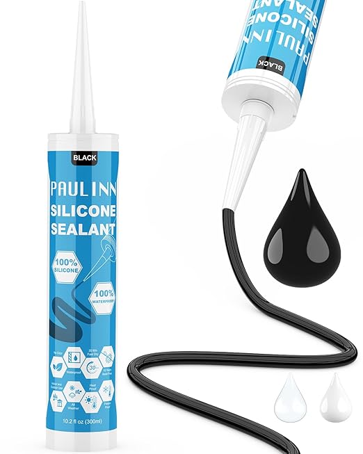 PAULINN Silicone Sealant Black, 100% Silicone Caulk Waterproof for RV, Kitchen, Bath, General Use, Window, Door, Glass, Marine, 10.2 Oz, 1 Pack