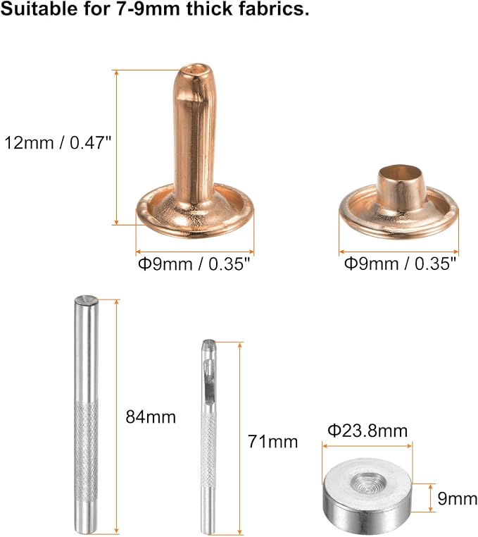 HARFINGTON 100 Sets Leather Rivets 12 x 9mm Metal Double Cap Rivet Snaps Studs Fasteners with 3pcs Setting Tools Rivets for Leather Craft DIY Repair Decoration, Light Gold Tone