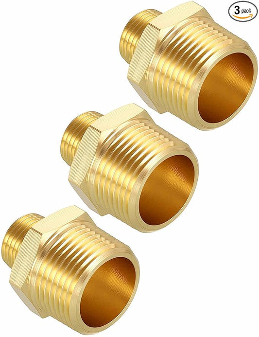 Pack of 3, 3/4" MNPT To 3/8" MNPT Solid Brass Hex Nipple Hose Connectors, Male Pipe Adapter for Pipe Leak Repair, Bathroom Remodeling, Tool Extension, Compression