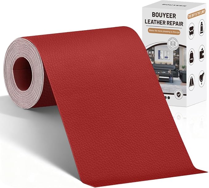 BOUYEER Leather Repair Patch Tape Kit,Self Adhesive Leather Repair for Sofa，Car Seat,Office Chair,Furniture,Jacket,Waterproof Strong Adhesive Vinyl Repair Kit. 4 in x 79 in,Red