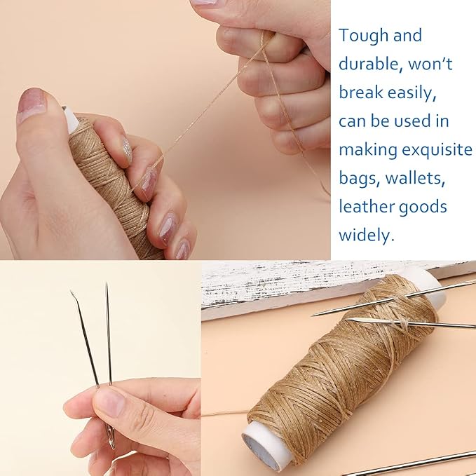 Ftyiwu Waxed Thread, Upholstery Needle and Thread 32 Yards with 7PCS Hand Sewing Needles for Home Upholstery Carpet Canvas Repair Leather Sewing (Khaki)