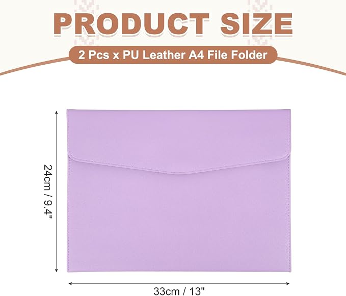PATIKIL 2Pcs PU Leather A4 File Folder, Document Holder Envelope Waterproof Napa Texture Filing Organizer Portfolio Folder Case with Magnetic Snap Closure for Home Office, Purple