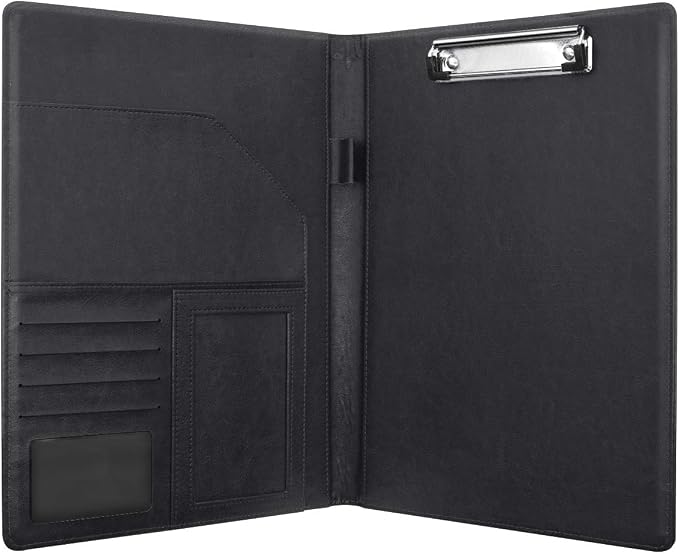 Business Portfolio Folder for Men Women, Padfolio Cover, Conference/Resume/Legal Document Organizer with Letter/A4 Size Clipboard Hardboard, Business Card Holders, Document Sleeve, Black