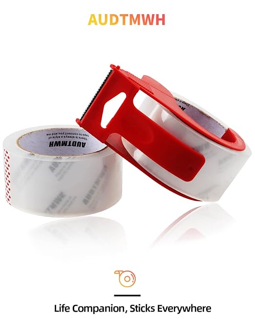 AUDTMWH Packing Tape with Dispenser, Clear, Heavy Duty Packaging Tape Designed for Moving, Packing, Shipping and Mailing, 1.88" x 48 Yds, 2 Rolls w/1 Dispenser
