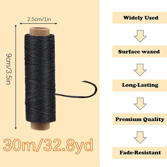 Leather Sewing Waxed, Black Waxed Thread for Beginners Leather Craft DIY Supplies, Shoe Repairing, Jewelry Making (32.8Yards)