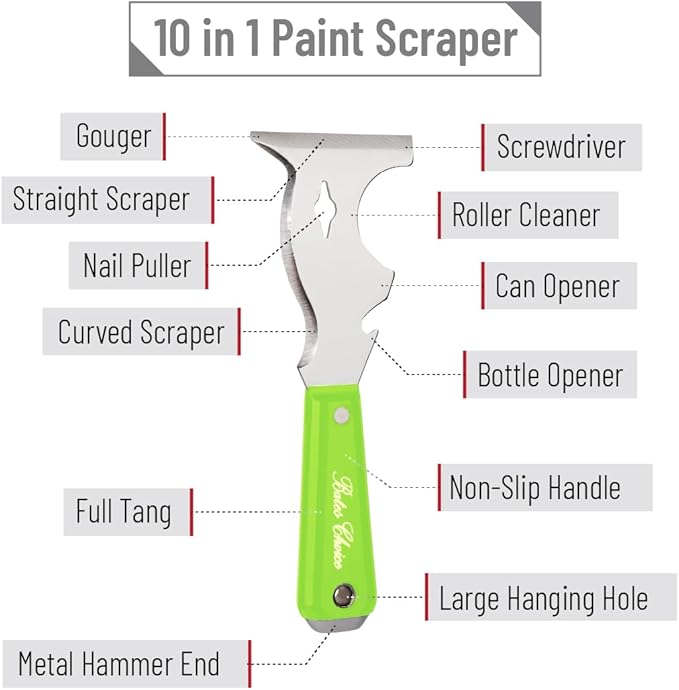 Bates- Paint Scraper, 10 in 1 Painters Tool, Green Handle Paint Scrapers for Wood, Painters Tool, Painters Knife, Paint Scraper for Painting, Putty Knife, Metal Scraper, Spackle Knife, Putty Scraper