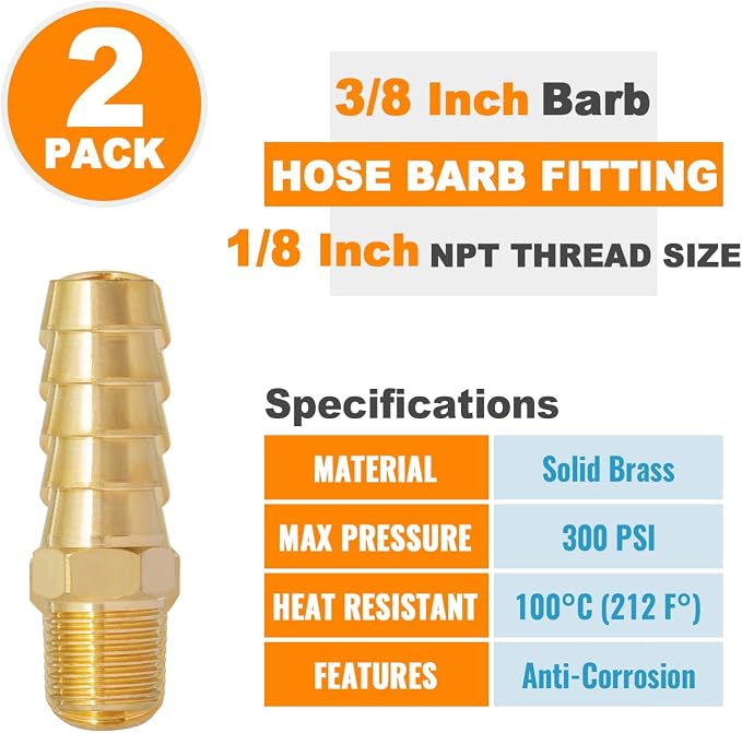 SUNGATOR Hose Barb Fittings 3/8 Inch Barb × 1/8 Inch NPT, Brass Air Hose Fittings, 3/8" to 1/8" NPT Male Air Line Repair Connector Kit, Brass Male Thread Pipe Adapter (2 Pack)