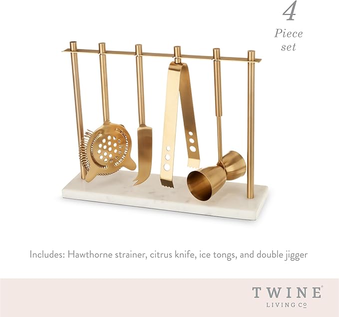 Twine Bar Tool Set Includes Hawthorne Strainer, Citrus Knife, Ice Tongs, Double Jigger with Marble Display Stand for Classic Cocktails and Cold Brew Drinks, Home Bar Cart Accessories, 4-Piece, Gold