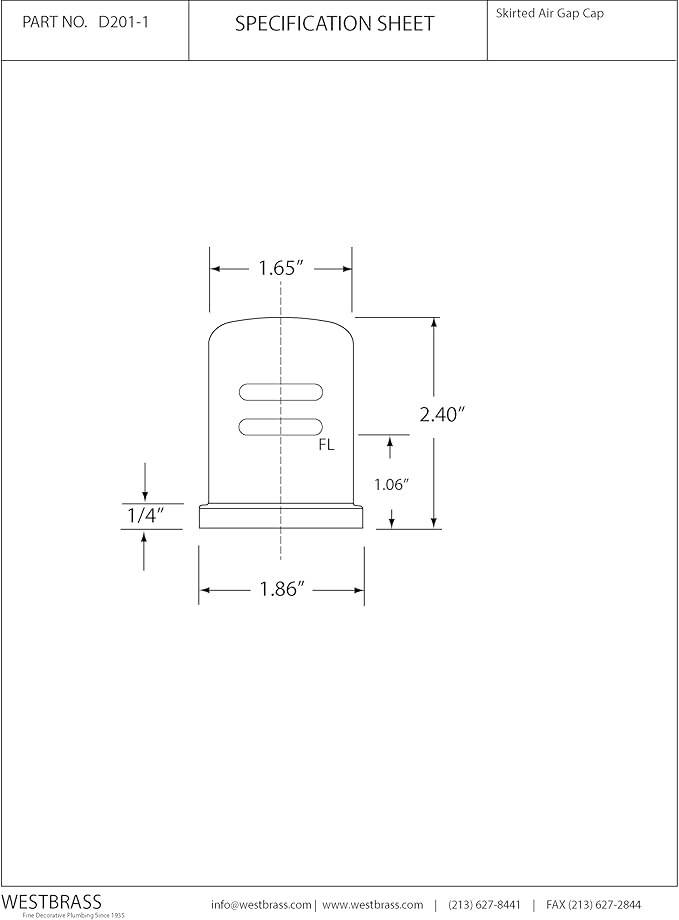 Westbrass D201-1-07 1-3/4" x 2-3/4" Solid Brass Air Gap Cap Only, Skirted, Satin Nickel