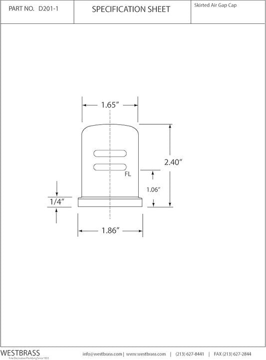 Westbrass D201-1-100-26 1-3/4" x 2-3/4" Solid Brass Air Gap Cap Only, Skirted, Polished Chrome (100-Pack)