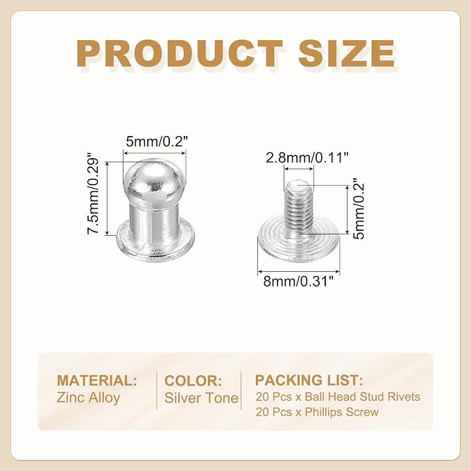 PATIKIL 5 mm Leather Rivets, 20 Sets Ball Head Stud Screw Back Round Head Button Chicago Screw Nipple Stud Rivet for Leather DIY Craft Handbag Belt Repairs, Silver Tone