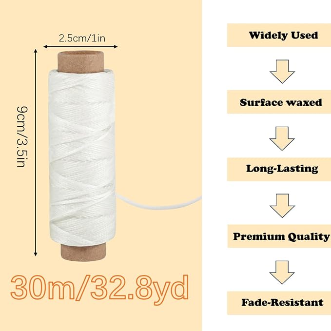 Leather Sewing Waxed, White Waxed Thread for Beginners Leather Craft DIY Supplies, Shoe Repairing, Jewelry Making (32.8 Yards)