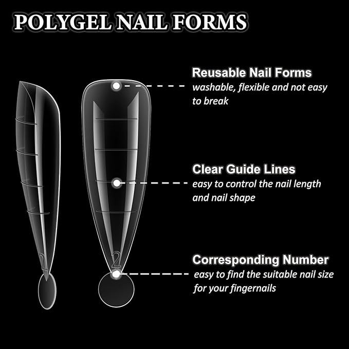 SUTOKAKA 288Pcs Polygel Nail Form Kit 12 Style 12 Sizes Reusable Nail Extension Mold Dual Forms with 6Pcs Nail Clips, Nail Slip Solution, Brush Pen, Nail File & Cuticle Pusher for Beginners