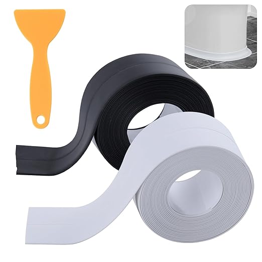 2 Rolls White & Black Caulk Tape Waterproof Self Adhesive Caulking Sealant Strip with Sealing Tool for Kitchen, Countertop, Bathroom, Sink, Bathtub, Toilet (1.5" x 10.5Ft)