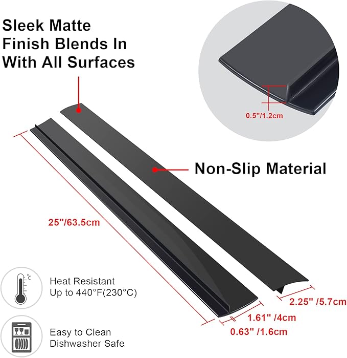 Silicone Stove Counter Gap Cover (2 Pack, 25in, Black), Non-Adhesive Heat Resistant Kitchen Stove Gap Filler, Easy Clean Silicone Gap Guard Seals Spills Between Counter & Stove