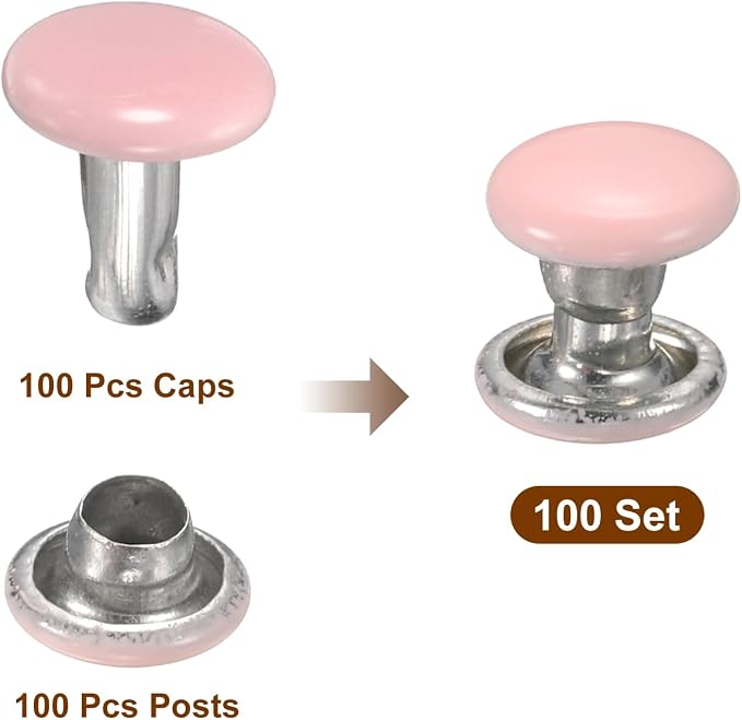HARFINGTON 100 Sets Double Cap Leather Rivets, 6x6mm Round Cap Tubular Metal Studs Leather Crafting Rivets for Fabric Belt Pet Collar Boot Bag Repair and Decoration, Pink