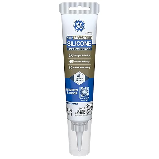 GE Advanced Silicone Caulk for Window & Door, Clear, 2.8 fl oz Tube, 12 Pack - 100% Waterproof Silicone Sealant, 5X Stronger Adhesion, Freeze & Sun Proof
