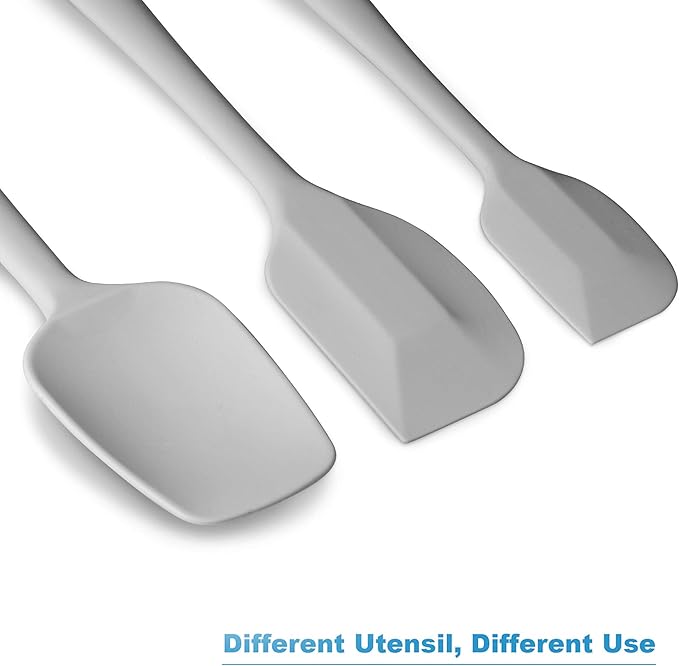 Silicone Spatula 3‑Piece Set Heat Resistant 600°F Non‑Stick Rubber Spatulas with Stainless Steel Core ALLWIN HOUSEWARE Large Spatula, Spoonula & Mini Spatula for Cooking & Baking, Light Grey