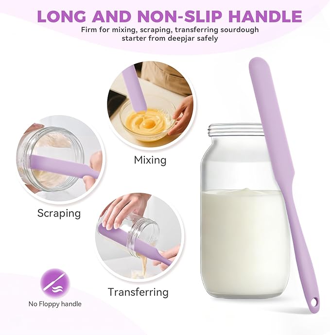 Silicone Jar Spatula Set of 3, Long Handle Skinny Spatula and Spurtle for Sourdough Starter, Flexible Jar Scraper for Peanut Butter, Jam, Icing, Cream with No Batter Left Behind (3, Purple)