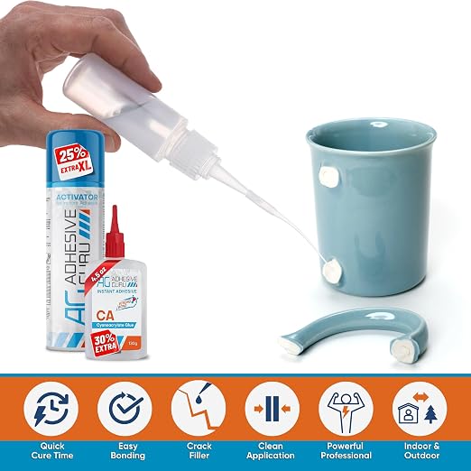 Adhesive Guru CA Glue with Activator Kit (4x4.5 oz + 2x16.9 fl.oz) Professional Cyanoacrylate Adhesive and Super Glue Accelerator for Woodworking with Extra Caps&Microtips, DIY&Craft, Plastic, Repair