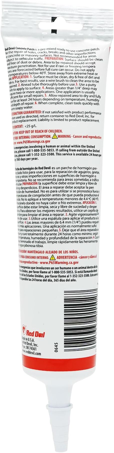 Red Devil 0645 Concrete Repair Patch, Cement Crack Filler, 5.5 Oz Squeeze Tube, Pre-Mixed, Pack of 1, Gray, Made in USA