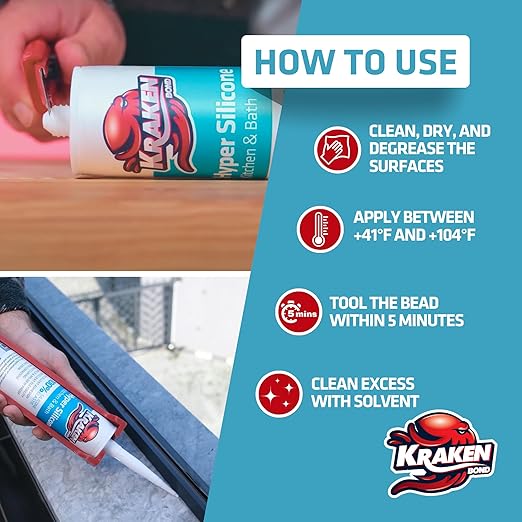 Kraken Bond Hyper Clear Caulking Sealant - (1x10.1 Fl. Oz) Fast Curing 100% Silicone Neutral for Kitchen & Bathroom, Bathtub, Shower and Sink, Low Odor, Waterproof, Anti Shrink Caulking, 1 Pack