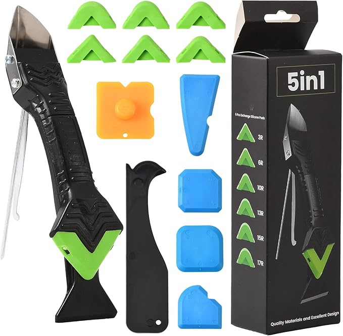 XhuangTech Caulking Tool, 5 in 1 Caulk Remover Sealant Fishing Tool with Grout Remove Scraper, 6 Replaceable Silicone Pads, Adhesive Residue Scraper Seam Repair Tool Kit for Kitchen/Bedroom/Joint