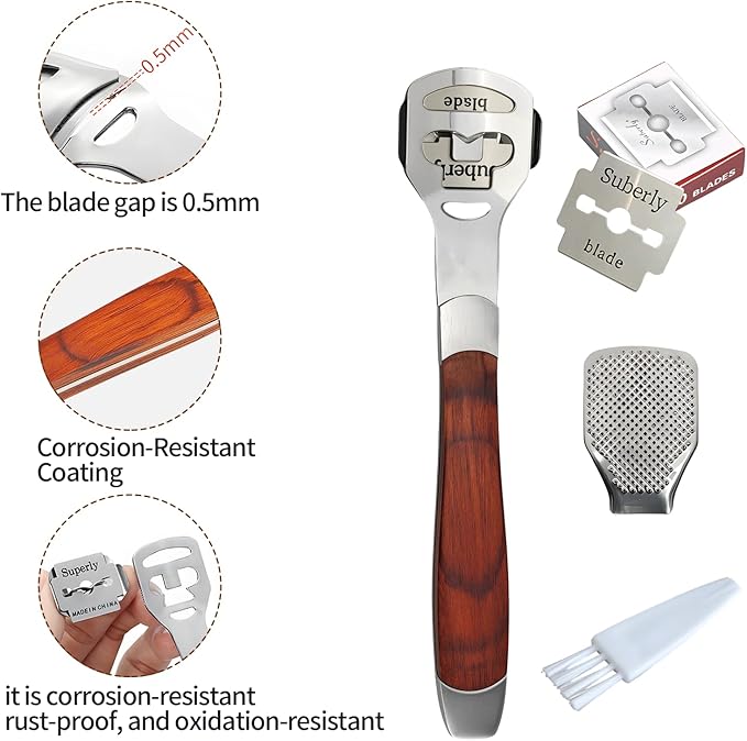 Callus Shaver with Wooden Handle，Pedicure Foot File Kit，Foot File Callus Remover，High-Quality Scraper for Removing Calluses, Cracked Heels, and Dead Skin