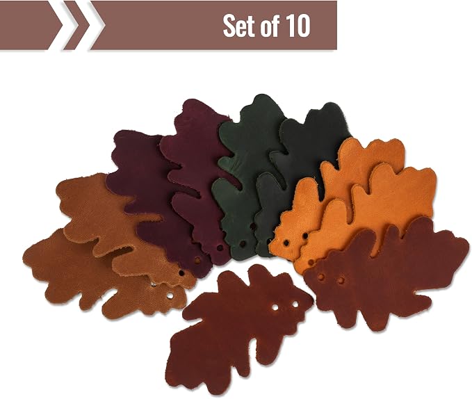 Set of 10 Leather Leaves Patches – 8x5 cm (3.14x1.96”) – Handmade Leather Labels – 1.6 mm Thick – Handmade Tags for Crochet - Leathers Tags - DIY Craft Appliques for Sewing, Repair & Decoration