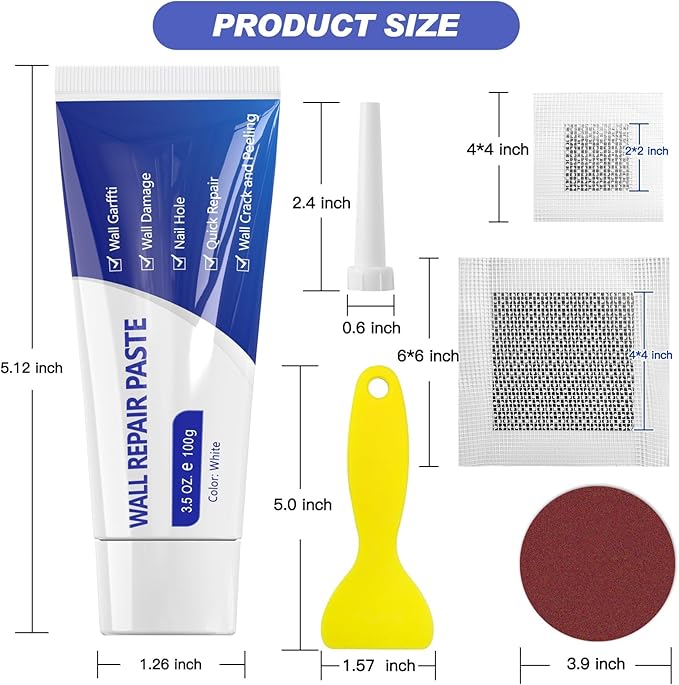 SEISSO Drywall Repair Kit, Wall Mending Agent*3(100g), Wall Patch*4, Scraper and Sandpaper*2, Wall Repair Paste Kit for Wall Cracks, Graffiti, Whitewall Hole Filler and Plaster Dent Repair