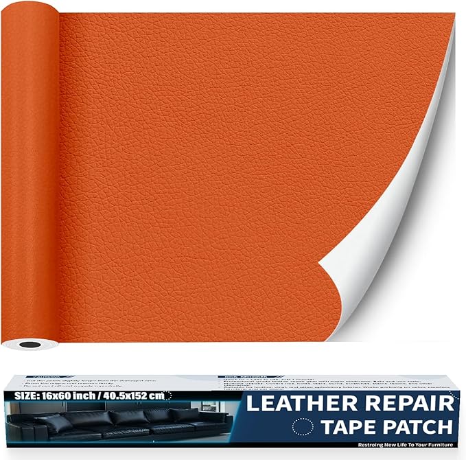 Zenyao Leather Repair Patch Tape - Self Adhesive Leather Repair Kit for Car Seat Furniture, Heavy Duty Vinyl Repair Patch for Couch Sofa, Waterproof Fix for Tears, 16x60 Inch Roll, Orange