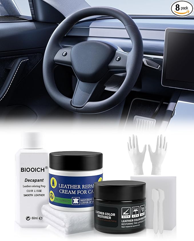 for Tesla Steering Wheel Repair Kit - 8PCS Leather & Vinyl Scratch Restorer for Model 3/Y/S/X, Leather Restoration Kit DIY Fix for Tears, Scuffs, Worn Spots & Color Fading (Black)